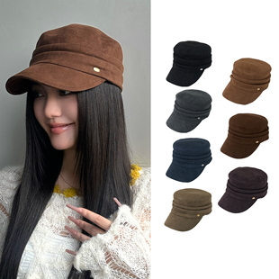 25秋冬新款 HUG 复古麂皮绒压褶平顶马术帽休闲帽子 SOUL 白鹿同款