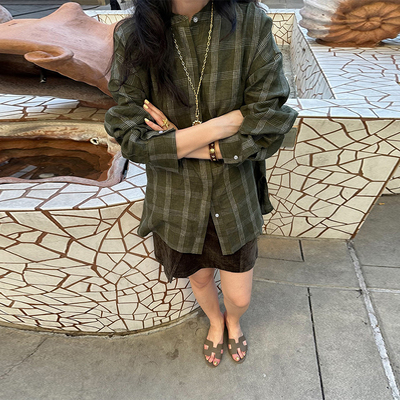sesaar亚麻撞色格纹衬衫
