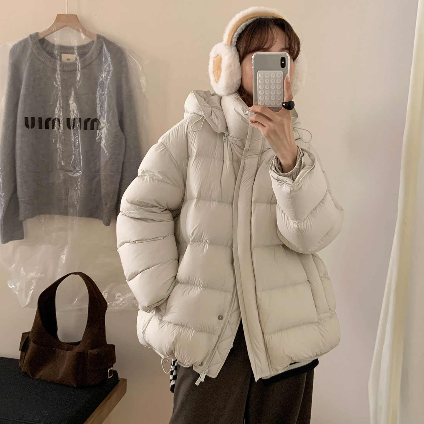 SUNRISE 韩系超好看羽绒服女2026冬新款泡芙连帽中长款90绒外套厚