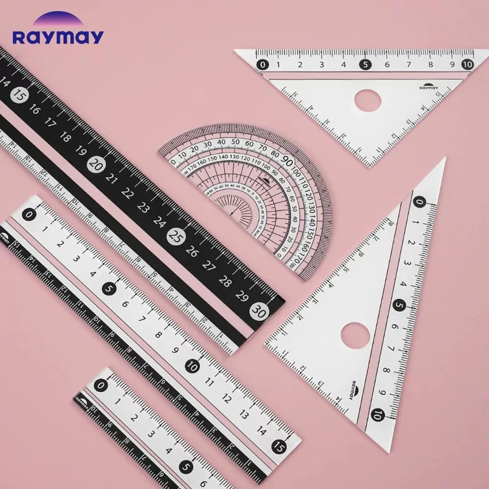 日本Raymay藤井黑白色直尺学生用尺子三角尺量角器套装学生用防滑设计透明刻度尺套尺