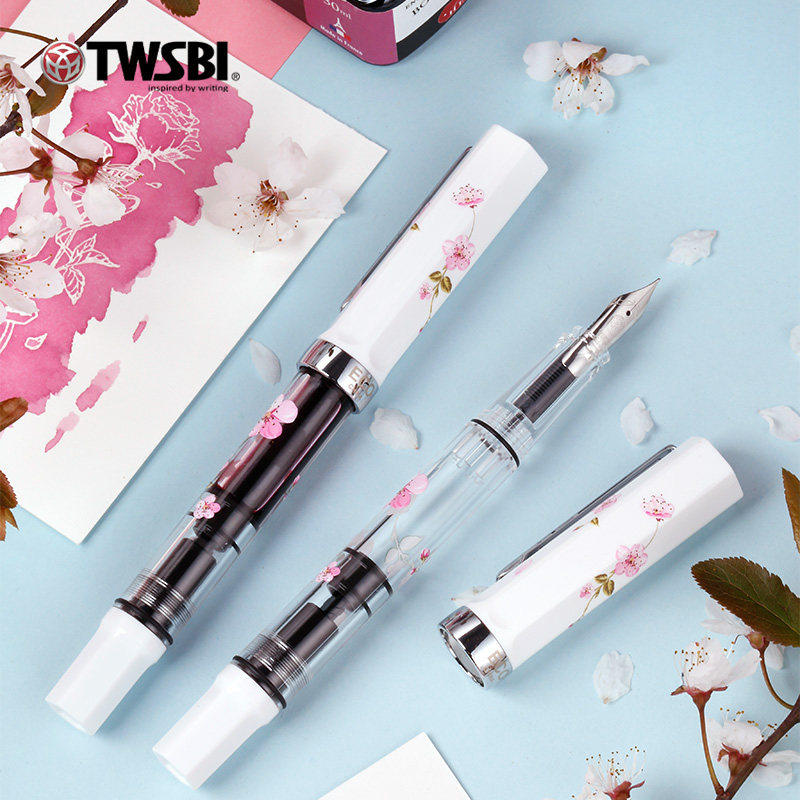 TWSBI三文堂春季上新ECO樱花限定大容量活塞上墨钢笔 苹果白透明高颜值送礼粉白书法练字笔