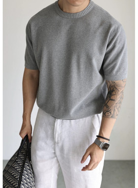 NO LOGO老钱风圆领针织短袖T恤男夏季薄款商务休闲套头衫潮流上衣