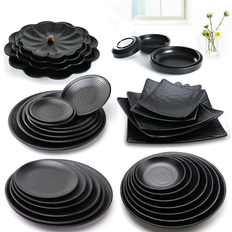 黑色密胺圆盘商用自助餐盘烧烤店火锅店平盘菜盘骨碟炒粉炒饭盘子