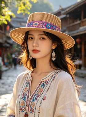新款夏季遮阳帽女款遮阳草编平顶帽子户外民族风草帽百搭礼帽女