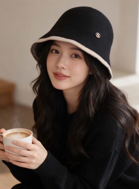 秋冬新款撞色包边渔夫帽女黑色金属标盆帽气质头包脸保暖水桶帽子