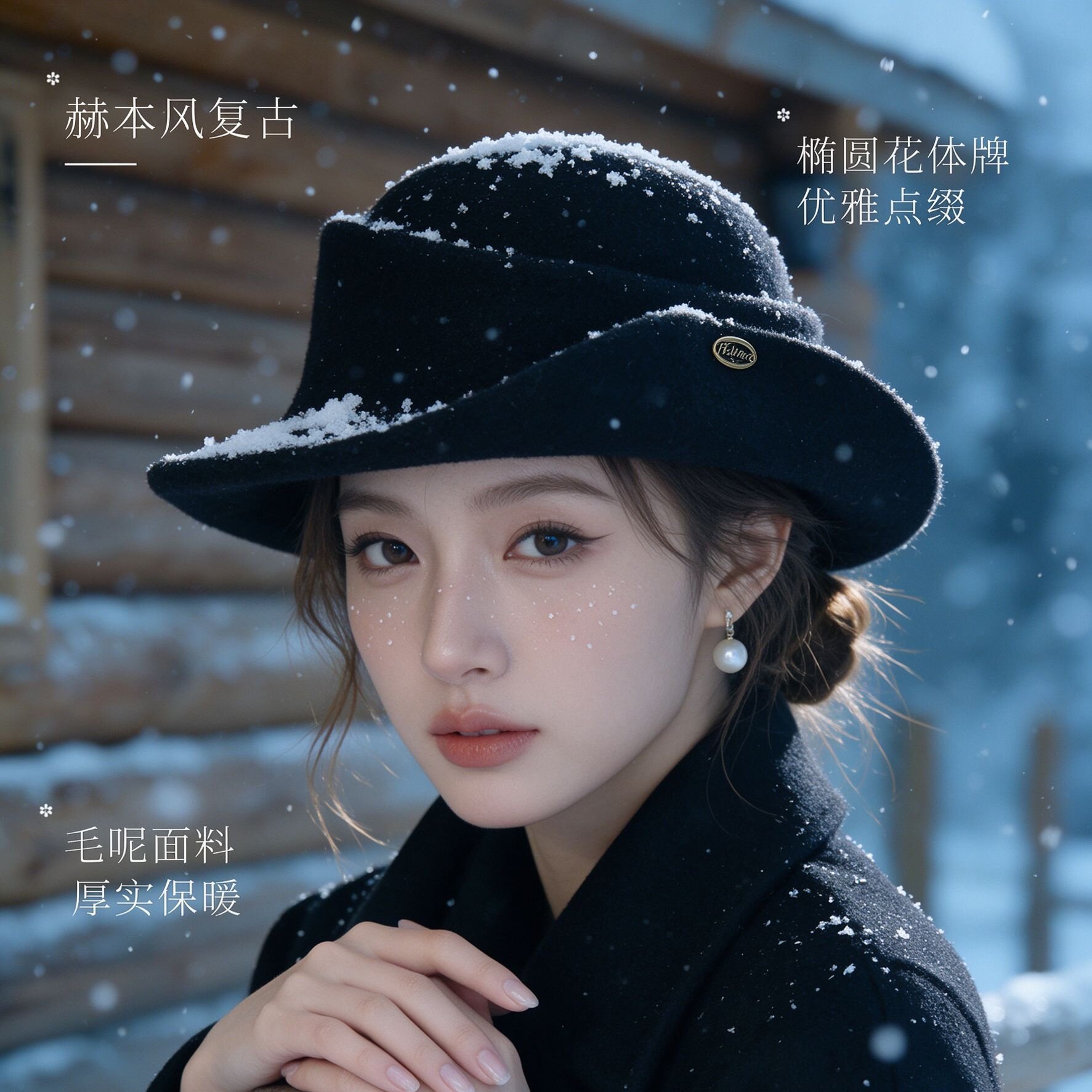 赫本风复古毛呢礼帽女秋冬新款字母标英伦高级感百搭大衣帽显脸小