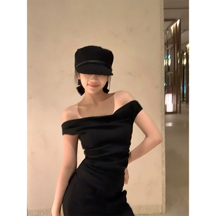 GYOKUU 黑色一字肩立体褶皱显瘦上衣 2025ss