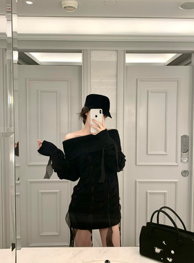 GYOKUU【黑尾痣】2026ss 黑色织带可调节穿插设计一字肩毛衣