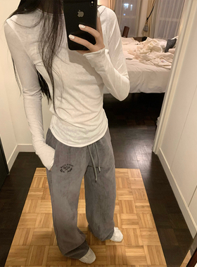 GYOKUU 深灰色网球拍刺绣标直筒慵懒随意长裤