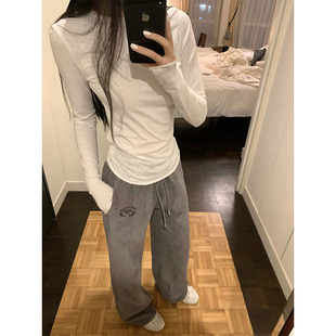 GYOKUU 深灰色网球拍刺绣标直筒慵懒随意长裤