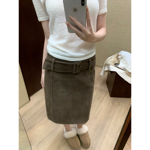 GYOKUU 【橡树榛子】咖色牛皮绒直筒半身裙