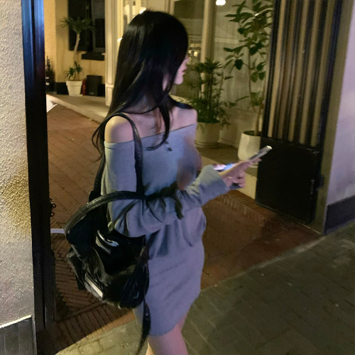 【5折】GYOKUU 灰色休闲舒适针织长袖连衣裙