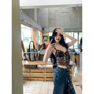 黑色弹力网纱印花吊带上衣 2025ss GYOKUU 夏日蒸汽波