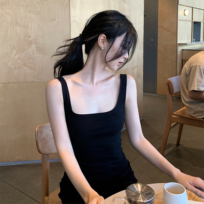 GYOKUU 黑色弹力修身大方领针织长款背带连衣裙