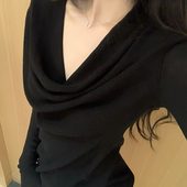 含羊毛针织打底衫 黑色荡领修身 上衣 徐睿知穿搭 GYOKUU