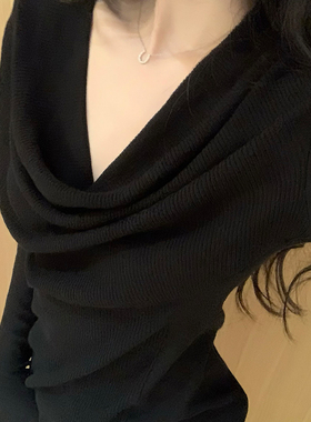 GYOKUU 徐睿知穿搭 黑色荡领修身含羊毛针织打底衫上衣