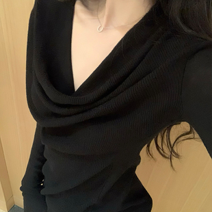 GYOKUU 徐睿知穿搭 黑色荡领修身含羊毛针织打底衫上衣