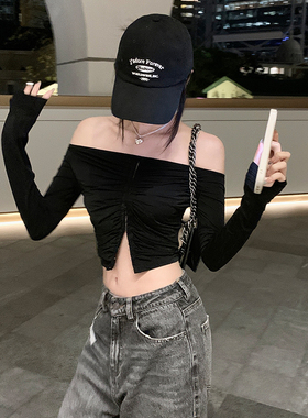 【L码3折】黑色挂扣抽褶修身一字肩上衣