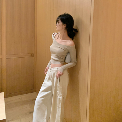 【赵露思同款】4色天丝羊毛薄款露肩长袖针织上衣女