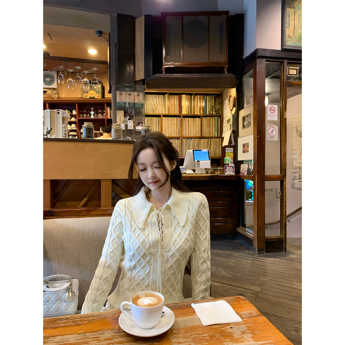 GYOKUU 【纯牛奶】2025aw 奶白色系带菱格针织毛衣