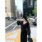 GYOKUU 黑色雪纺百褶系带上衣 清冷薄纱