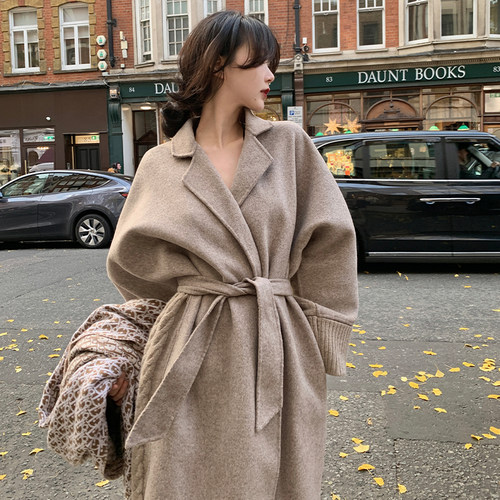 【5折】 卡其色麻花编织80%羊毛双面呢针织毛衣拼接大衣外套