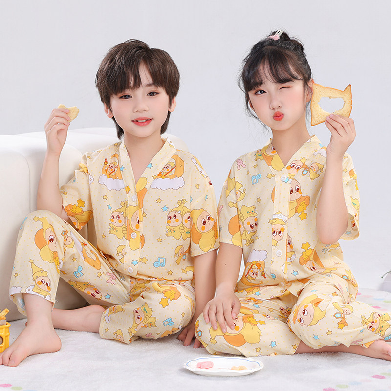 【莱赛尔棉绸】夏季薄款棉绸短袖长裤睡衣男女童家居服空调服套装