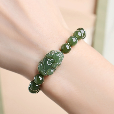 和田玉如意貔貅手链招财青玉手串珠子男女皮丘玉石碧玉情侣转运珠
