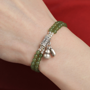 和田玉多圈4MM小米珠子999纯银葫芦招财手链送女友礼物青玉石手串