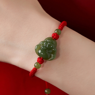 和田玉弥勒佛手链红绳编织手绳笑脸佛公青玉平安佛像手串本命年女