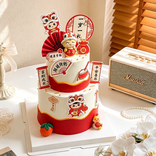 中式舞狮儿童周岁生日蛋糕装饰