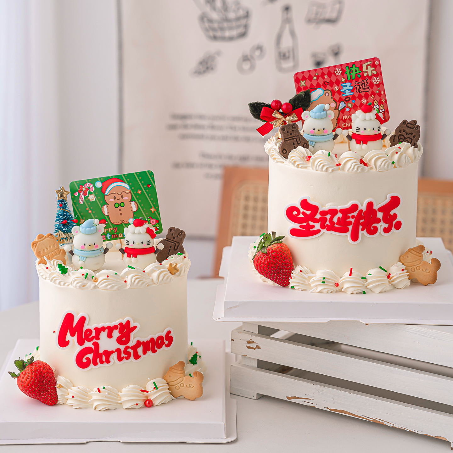 圣诞节卡通立体小猫小熊蛋糕装饰