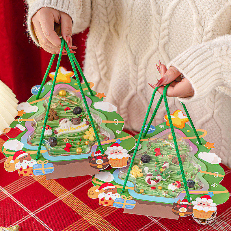 2026圣诞树创意蛋糕装饰西点姜饼人饼干甜品透明吸塑托手提包装盒
