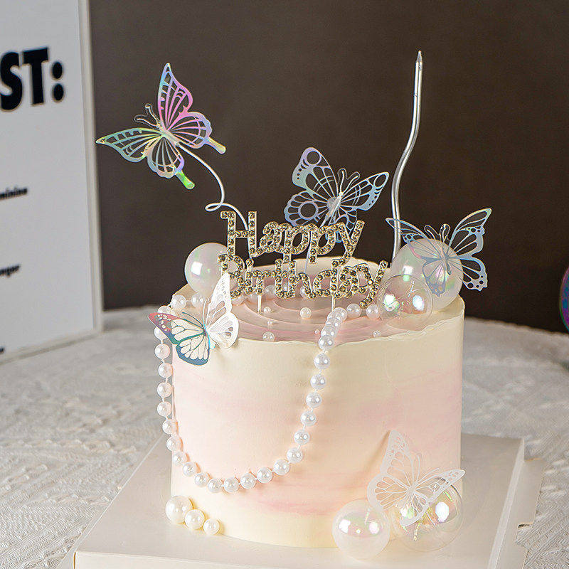 网红女神生日快乐蛋糕装饰钻石HB插件PVC幻彩蝴蝶珍珠链甜品装扮