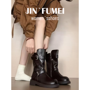 真皮增高4cm~厚底骑士短靴女秋冬加绒双扣带侧拉链圆头美德拉靴子