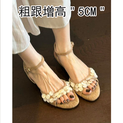 真皮绒面粗跟凉鞋女夏季新款露趾