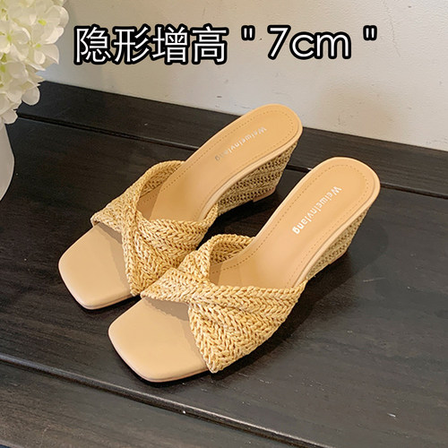 羊皮~度假风编织坡跟一字拖凉鞋女外穿夏季厚底增高7cm凉拖鞋大码