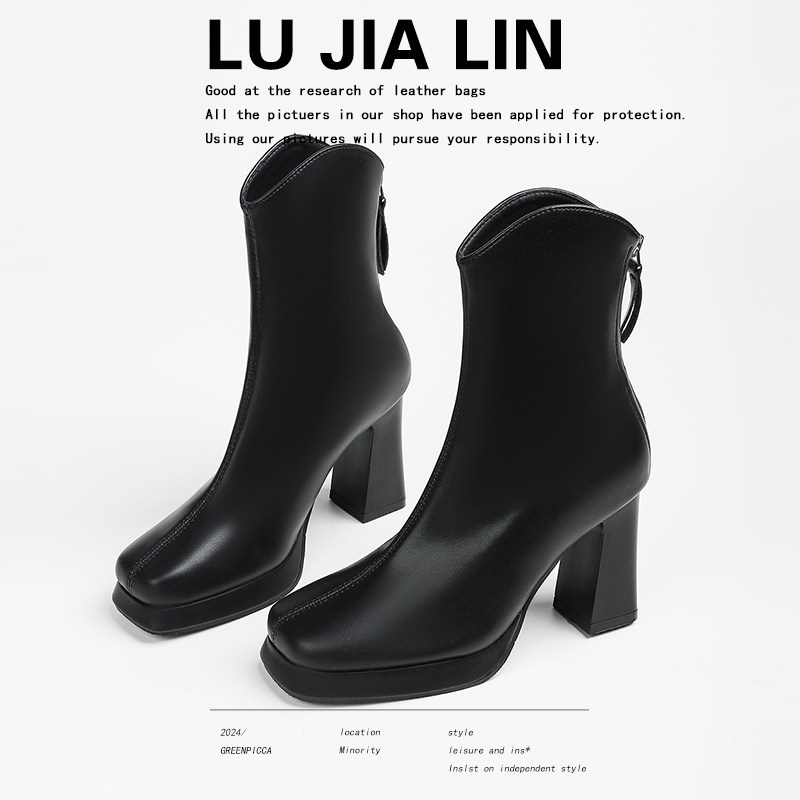 真皮法式短靴女2025新款秋冬加绒黑色高跟靴防水台方头瘦瘦靴粗跟