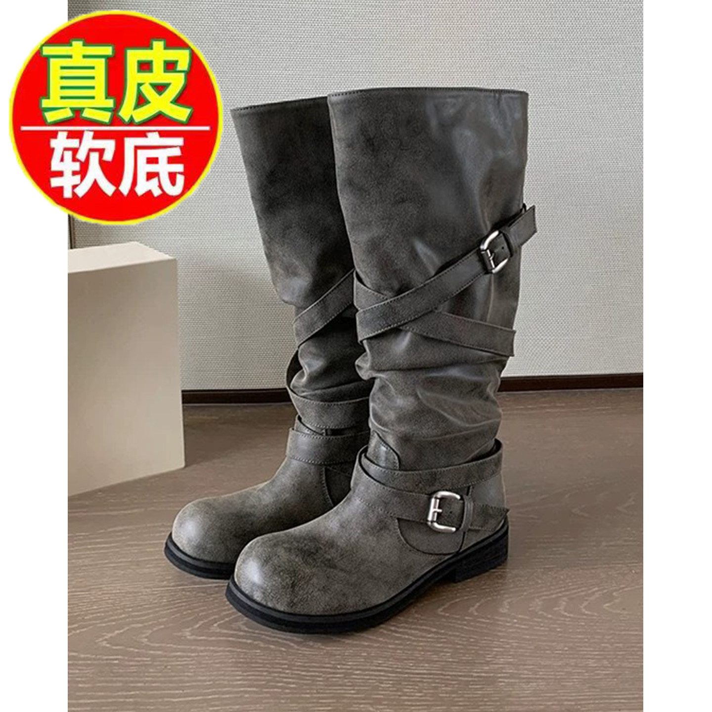 软底皮带扣骑士靴堆堆机车长筒靴