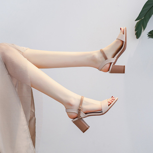 高跟凉鞋女夏季2026年新款真皮女鞋中跟粗跟仙女风一字带方头百搭