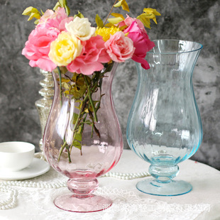 法式轻奢玻璃风灯花瓶透明高脚鲜花水养绣球百合插花餐厅客厅摆件