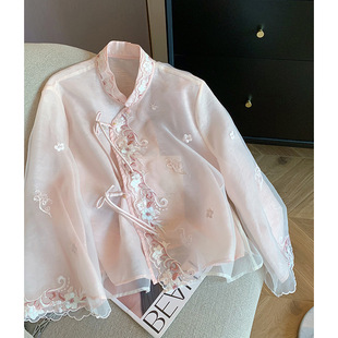 新中式重工刺绣衬衫女网纱仙气温柔风2025新款国风禅意清冷感上衣