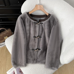 国风圆领仿皮毛一体外套瑟庄冬季 仿皮草复古毛毛大衣厚外套 新中式