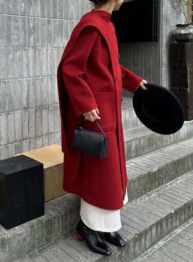 SW26秋冬绵羊毛圣诞红色围巾领毛呢大衣女双排扣外套 S4DY039-2