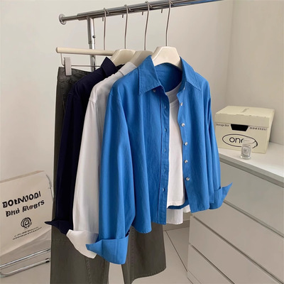 克莱因蓝灰常好看干枯玫瑰蓝色妖姬通勤休闲纯棉长袖衬衫女