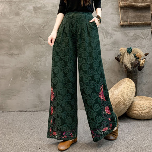 新中式 民族风洋气女裙裤 中老年妈妈阔腿裤 春装 刺绣松紧腰 2024新款