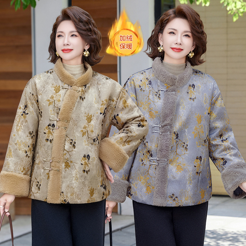 妈妈冬装新中式复古加绒外套棉袄盘扣国风中老年保暖棉服冬季棉衣