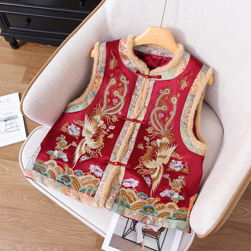 重工刺绣毛边夹棉马甲新中式服饰国风盘扣唐装格格装坎肩保暖背心