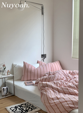 Nuyoah studio 日式简约粉色条纹ins纯棉水洗棉四件套宿舍三件套