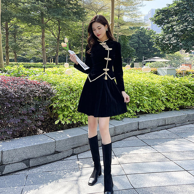 新中式国风套装女秋冬改良复古小个子黑色旗袍两件套裙装高级感
